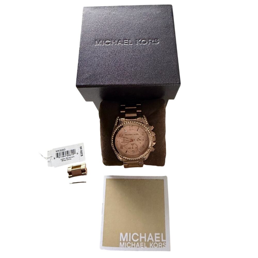 Michael Kors Blair Chronograph Dial 39MM Pave Bezel Rose Gold SS Watch MK5263